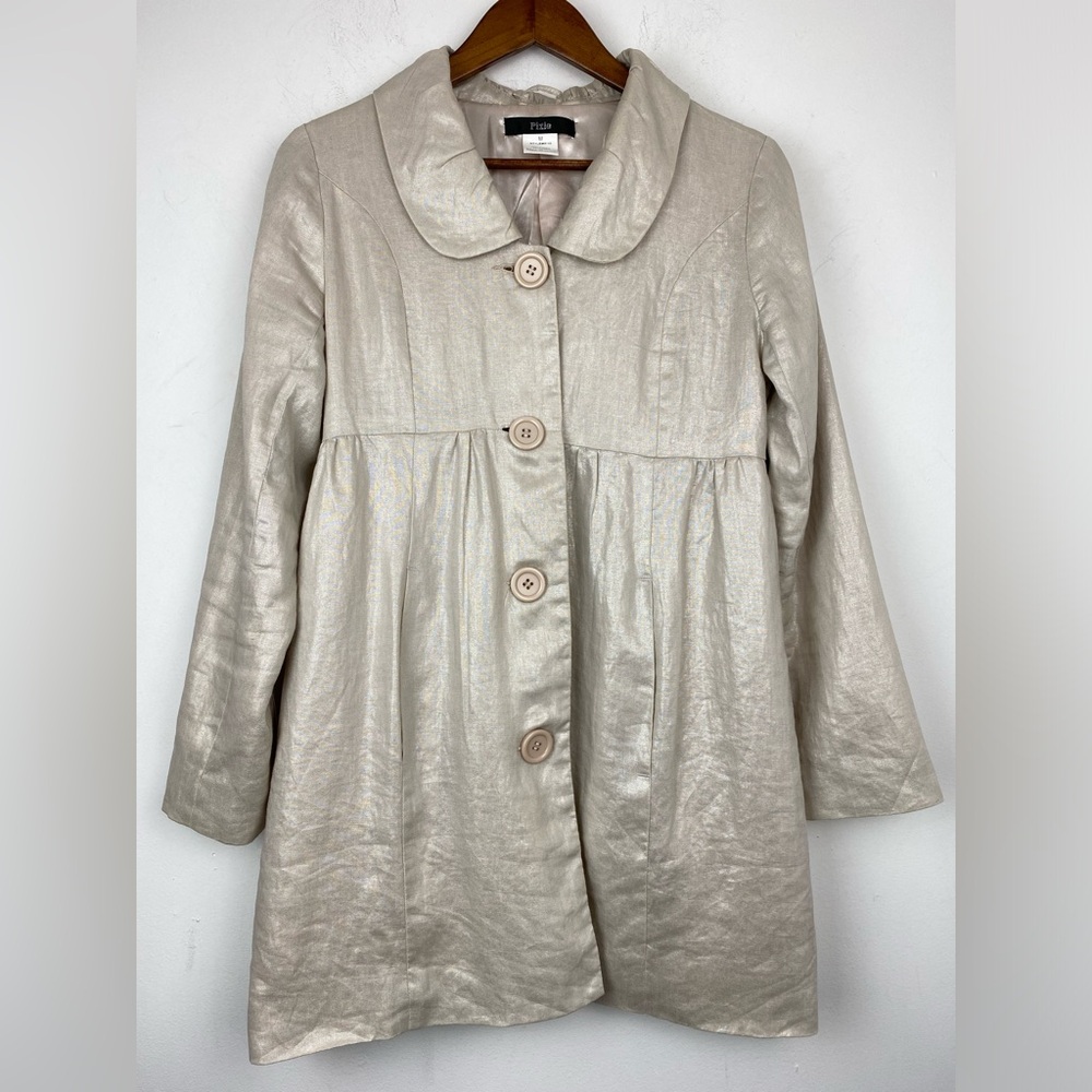 Pixie Market size Medium Women’s Beige Metallic Shimmer Linen Button Up Coat
